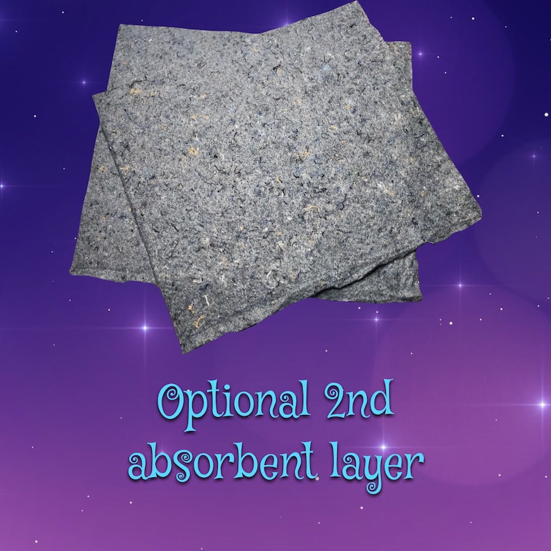 May include: Two gray absorbent layers, labeled "Optional 2nd absorbent layer" against a purple background with white stars.