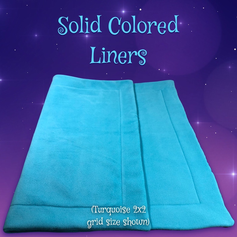 May include: Two turquoise fleece liners for a cage or playpen. The liners are shown folded in half, with the text "(Turquoise 2x2 grid size shown)" below them.