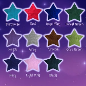 May include: A chart of 12 star-shaped fabric swatches in various colors, including turquoise, red, royal blue, forest green, purple, grey, brown, olive green, navy, light pink, and black.