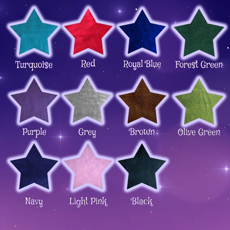 May include: A chart of 12 star-shaped fabric swatches in various colors, including turquoise, red, royal blue, forest green, purple, grey, brown, olive green, navy, light pink, and black.