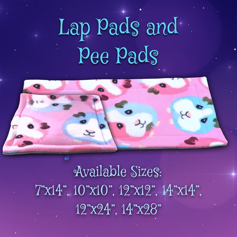 May include: Pink lap pads and pee pads with a repeating pattern of guinea pig faces in blue, pink, and white. The pads are available in various sizes, including 7"x14", 10"x10", 12"x12", 14"x14", 12"x24", and 14"x28". The text "Lap Pads and Pee Pads" is displayed at the top.