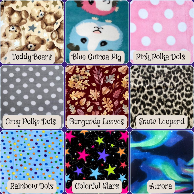 May include: Nine fabric swatches with various patterns. Designs include teddy bears, a blue guinea pig, pink polka dots, grey polka dots, burgundy leaves, snow leopard print, rainbow dots, colorful stars, and an aurora borealis pattern.