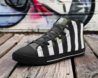 Weathered Black & White Stripes / Unisex High Top Canvas Shoes, Goth, Emo, Goblincore, Witchcore, Faecore, Boho, Bohemian, Cottagecore