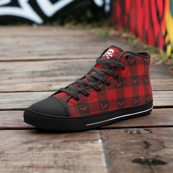 Red Plaid Bat / Unisex High Top Canvas Shoes, Goth, Emo, Goblincore, Woodland, Witchcore, Faecore, Boho, Bohemian, Cottagecore