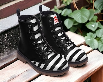 Zwart-witte streep / Goth, Goblincore, Woodland, Witchcore, Faecore, Emo, Boho, Cottagecore, Vegan, Casual leren gevechtslaarzen