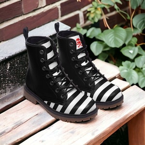 Black & White Stripe / Goth, Goblincore, Woodland, Witchcore, Faecore, Emo, Bohemian, Cottagecore, Vegan, Casual Leather Combat Boots