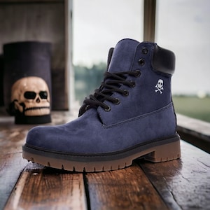 Dark Blue / Goth, Goblincore, Woodland, Witchcore, Faecore, Boho, Bohemian, Cottagecore, Vegan, Casual Leather Combat Boots