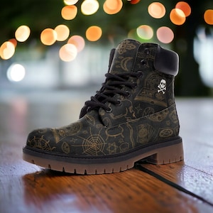 Witchcraft Alchemy Magic Boots / Goblincore, Woodland, Witchcore, Faecore, Butterly, Cottagecore, Vegan, Casual Leather Print Combat Boots