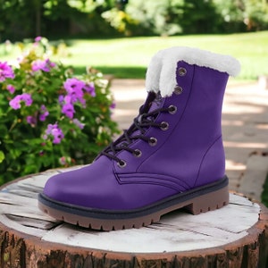 Classic Purple - Winter Combat Boots / Unisex Comfortable Microfiber Leather & Faux Fur  / Casual, Goth, Boho, Cottagecore, Emo, Vegan