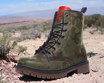Botas militares de camuflaje gótico, punk y de combate en cuero ligero e informal unisex: botas para mujeres, hombres y adolescentes, zapatos personalizados.