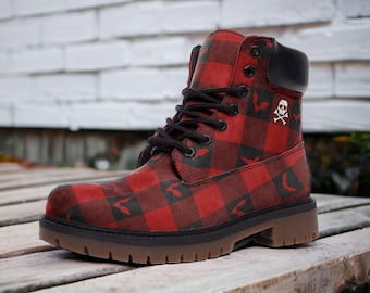 Red Bat Plaid / Goth, Goblincore, Woodland, Witchcore, Faecore, Boho, Bohemian, Cottagecore, Vegan, Casual Leather Combat Boots