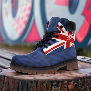 Union Jack Boots / Goth, Goblincore, Woodland, Witchcore, Faecore, Boho, Bohemian, Cottagecore, Vegan, Casual Leather Combat Boots