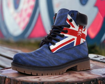 Union Jack Boots / Goth, Goblincore, Woodland, Witchcore, Faecore, Boho, Bohemian, Cottagecore, Vegan, Casual Leather Combat Boots