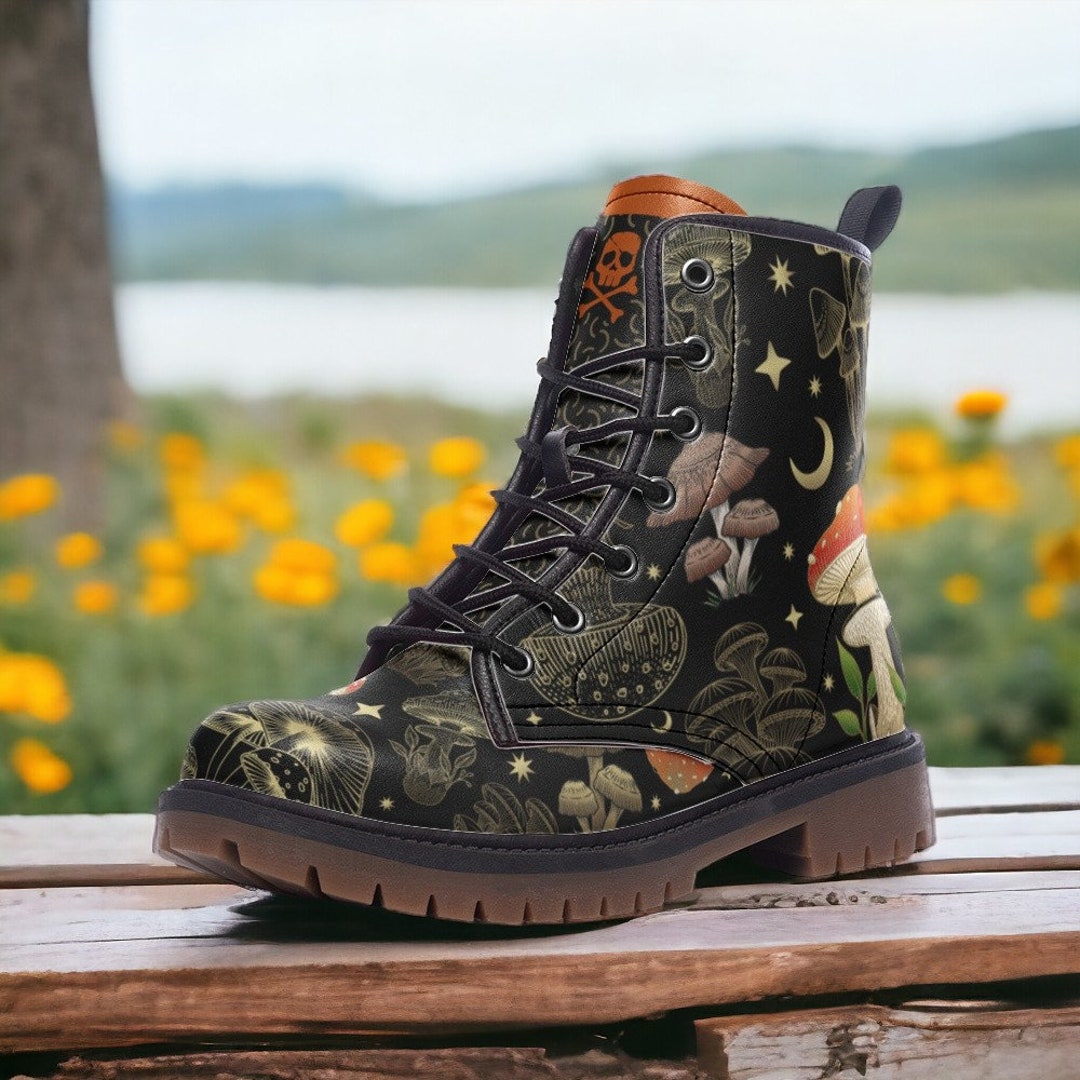 Gold Mushroom DARK Goth, Goblincore, Woodland, Witchcore, Faecore,  Boho, Emo, Bohemian, Cottagecore, Vegan, Casual Leather Combat Boots