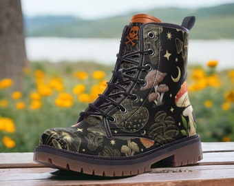 Gold Mushroom - DARK / Goth, Goblincore, Woodland, Witchcore, Faecore, Boho, Emo, Bohemian, Cottagecore, Vegan, Casual Leather Combat Boots
