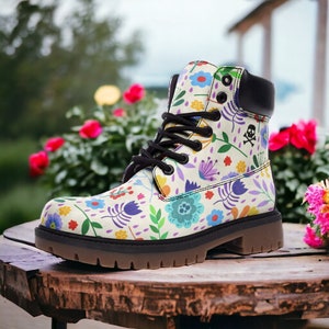 Spring & Flowers / Goth, Goblincore, Woodland, Witchcore, Faecore, Boho, Bohemian, Cottagecore, Vegan, Casual Leather Combat Boots