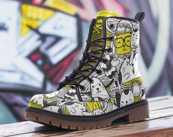 Botas de combate Mycelium Mewshroom/Punk en cuero vegano ligero, unisex, informales: para mujeres, hombres y adolescentes. Zapatos personalizados.