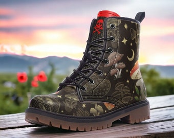 Gold Mushroom Gothic, Punk, and Combat Boots in Unisex Casual Lightweight Leather: Boots for Women, Men, and Teenagers Custom Shoes