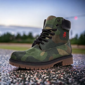 Camouflage Boots / Goth, Goblincore, Woodland, Witchcore, Faecore, Boho, Bohemian, Cottagecore, Vegan, Casual Leather Combat Boots