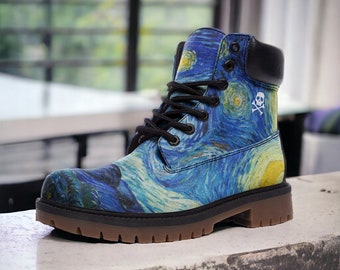 Van Gogh Starry Night / Goth, Goblincore, Woodland, Witchcore, Faecore, Boho, Bohemian, Cottagecore, Vegan, Casual Leather Combat Boots