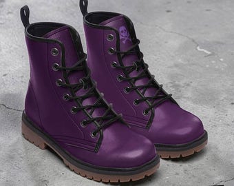 Deep Velvet Purple Combat Boots, Goth Witchcore Vegan Leather Shoes, Wide Fit Lightweight