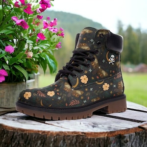 Moths & Flowers / Goth, Goblincore, Woodland, Witchcore, Faecore, Boho, Bohemian, Cottagecore, Vegan, Casual Leather Combat Boots
