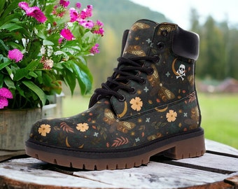 Moths & Flowers / Goth, Goblincore, Woodland, Witchcore, Faecore, Boho, Bohemian, Cottagecore, Vegan, Casual Leather Combat Boots