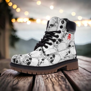 White Skulls / Goth, Goblincore, Woodland, Witchcore, Faecore, Emo, Bohemian, Cottagecore, Vegan, Casual Leather Combat Boots