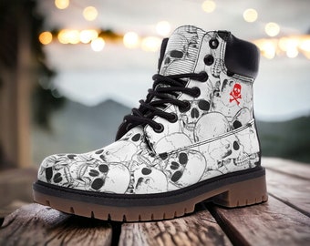 White Skulls / Goth, Goblincore, Woodland, Witchcore, Faecore, Emo, Bohemian, Cottagecore, Vegan, Casual Leather Combat Boots