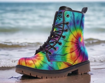 Rainbow Tie Dye / Gothic, Punk, Combat Boots in Unisex Casual Lightweight Vegan Leather: For Women, Men, and Teenagers Custom Shoes