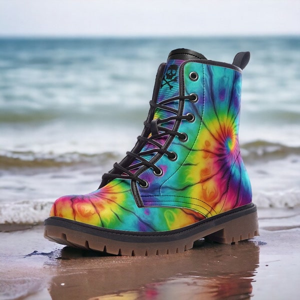 Rainbow Tie Dye / Gothic, Punk, Combat Boots in Unisex Casual Lightweight Vegan Leather: For Women, Men, and Teenagers Custom Shoes