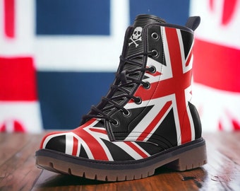 Union Jack Dark Edition / Goth, Goblincore, Woodland, Witchcore, Faecore, Emo, Boho, Cottagecore, Végétalien, Bottes de combat en cuir décontractées