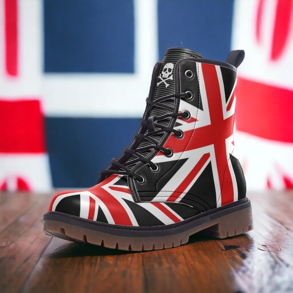 Union Jack Dark Edition / Goth, Goblincore, Woodland, Witchcore, Faecore, Emo, Boho, Cottagecore, Végétalien, Bottes de combat en cuir décontractées