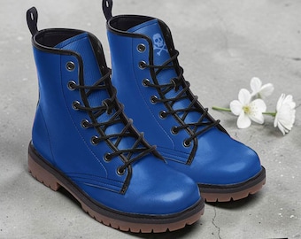 Cobalt Blue Vegan Leather Combat Boots, Goth Witchcore Goblincore Style Lightweight Wide Fit