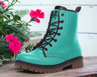 Classic Turquoise Combat Boots / Gothic, Punk in Unisex Casual Lightweight Vegan Leather Boots