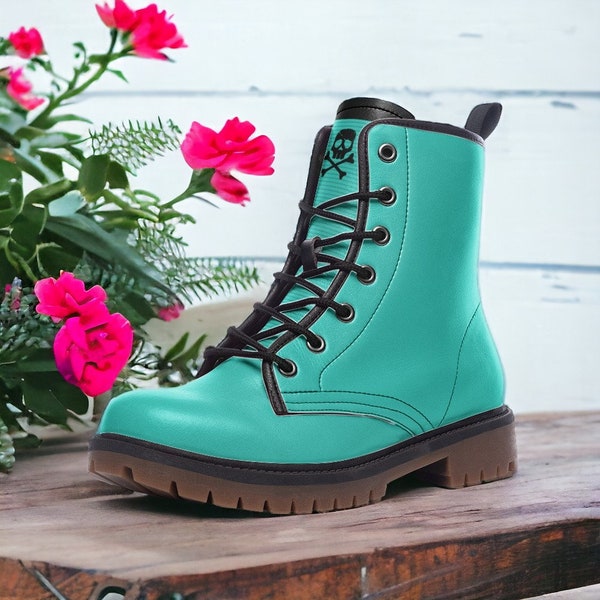 Classic Turquoise Combat Boots / Gothic, Punk in Unisex Casual Lightweight Vegan Leather Boots