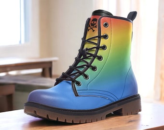 Botas de combate unisex de piel vegana ligera, estilo punk, con degradado de color: zapatos personalizados para mujeres, hombres y adolescentes.