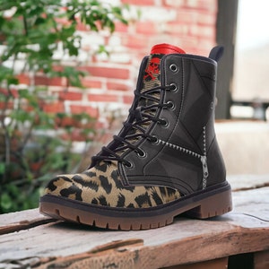 Jacket Leopard Gothic, Punk, Combat Boots in Unisex Casual Lightweight Vegan Leather: Boots for Women, Men, and Teenagers Custom Shoes