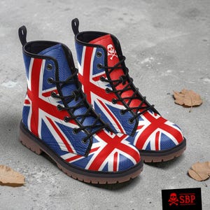 Union Jack Lined Combat Boots, British Flag Vegan Leather Wide Fit Footwear