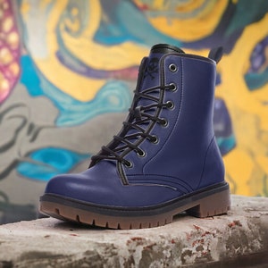 Dark Blue Combat Boots / Gothic, Punk in Unisex Casual Lightweight Vegan Leather Boots