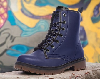 Dark Blue Combat Boots / Gothic, Punk in Unisex Casual Lightweight Vegan Leather Boots