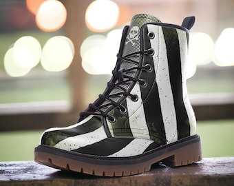 Weathered Black & White Stripe Combat Boots / Gothic, Punk in Unisex Casual Lightweight Vegan Leather Boots
