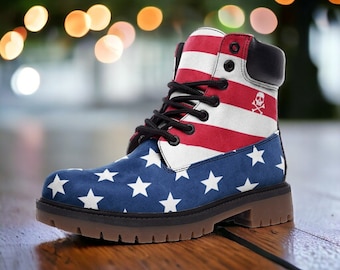 Stars and Stripes / Goth, Goblincore, Woodland, Witchcore, Faecore, Emo, Bohemian, Cottagecore, Vegan, Casual Leather Combat Boots