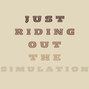 Peut inclure: Un fond beige avec le texte "JUST RIDING OUT THE SIMULATION" en lettres brunes et beiges.
