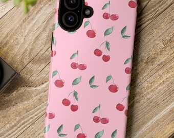 Custodia per telefono Cherry, custodia rosa con motivo a frutta, per iPhone 15, 14, 13, 12, 11 Pro Max Plus, Samsung Galaxy S24, S23, S22, S21, regalo da ragazza.