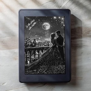 May include: Black and white image of a couple standing on a balcony overlooking a city at night. The text "To the stars who listen" is written on the image.