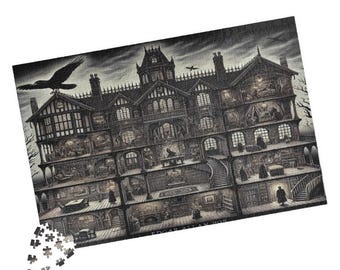 Edgar Allan Poe Gothic Macabre Mansion Puzzle for Adults | Dark Vintage Haunted House Jigsaw | Spooky Mystery Lover Gift | Dark Academia