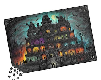 May include: A jigsaw puzzle featuring a detailed illustration of a haunted mansion at night. The artwork depicts a multi-story building with lit windows, silhouettes of figures, and a spooky atmosphere with crows and a full moon.