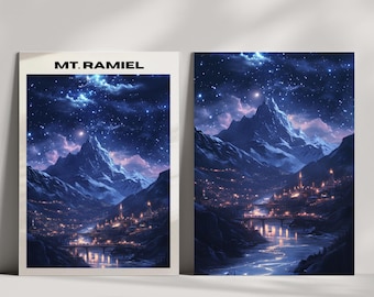 Fantasy Mountain City Wall Art Set, Celestial Night Landscape Prints, Cozy Bedroom Reading Nook Office Decor, Digital Download