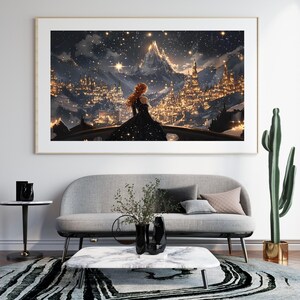 May include: A woman in a black gown stands on a balcony overlooking a city with a mountain in the background. The city is lit up with lights and the sky is filled with stars.